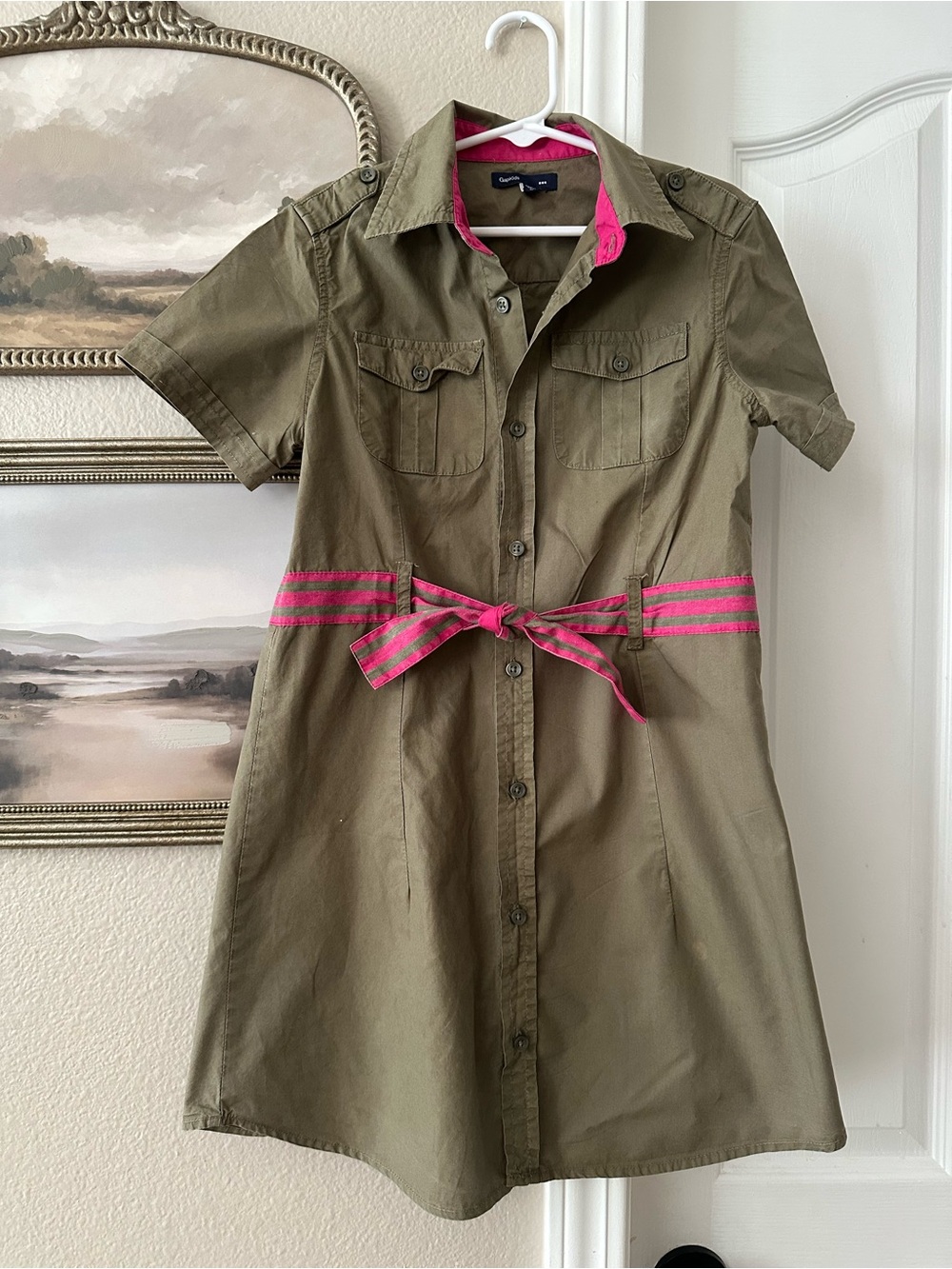GAP Olive Green Shirt Dress with Pink Trim